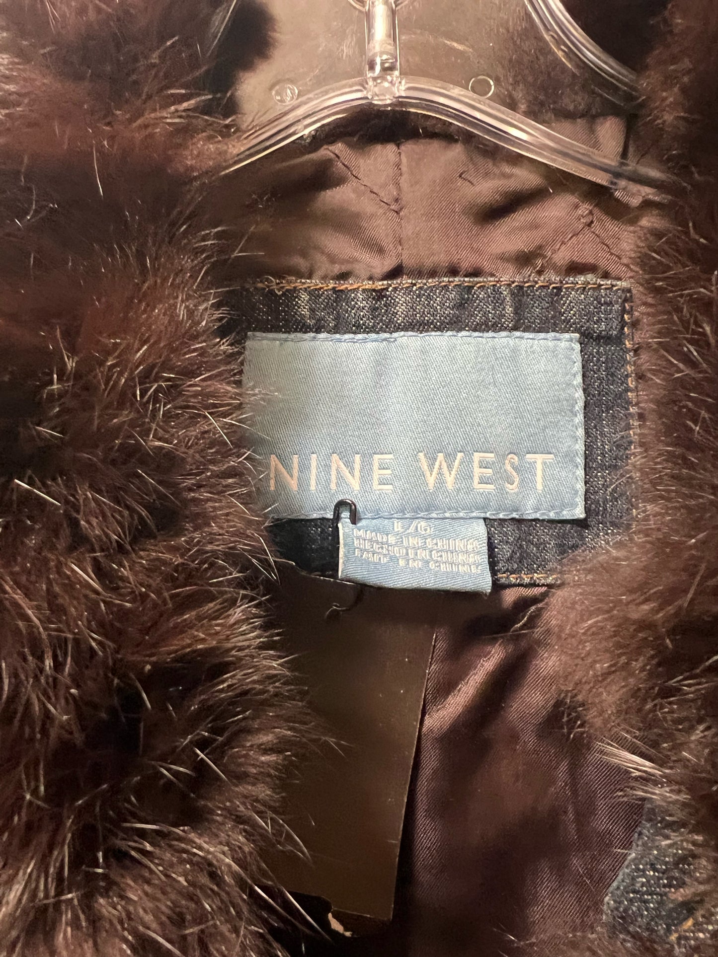 Size L Nine West Rabbit Fur Trimmed Denim Jacket w/ Quilted Lining