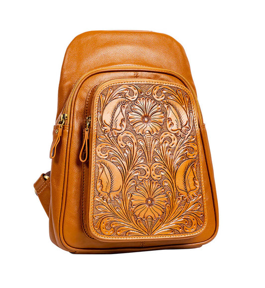 Myra Bag  Ranch Trail Leather Fanny Pack Bag – Caramel Hand-Tooled Sling Crossbody with Adjustable Canvas Strap