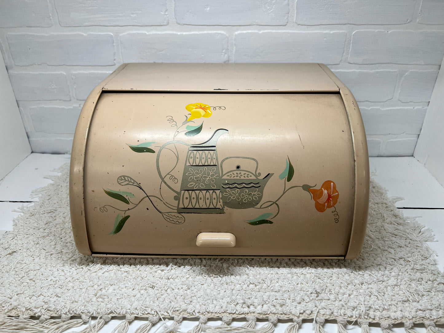 Ransburg light pink hand painted MCM bread box