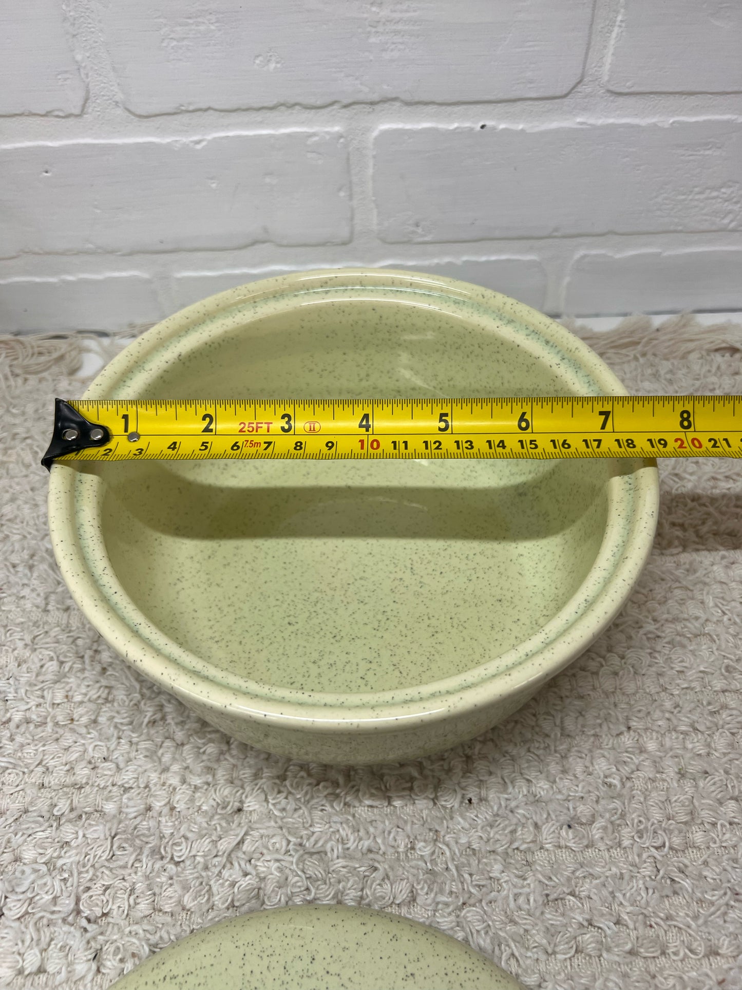 California Pottery MCM Mint Green Speckled Lidded Casserole Dish in Brass Caddy