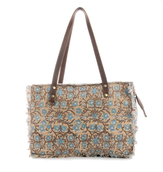 Myra Bag San Ysidro Falls Small Tote Bag – Floral Canvas & Leather Handbag with Frayed Edges and Zipper Pocket, 14"x10", Women’s Boho Everyday Bag