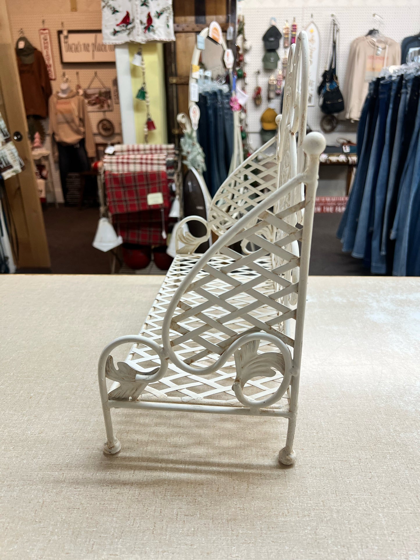 Vintage white metal rack/mini bench/shelf