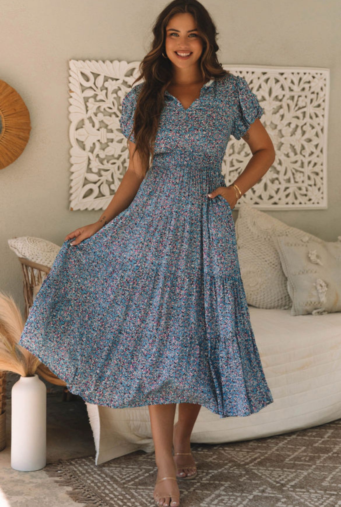Blue Printed V-Neck Maxi Dress