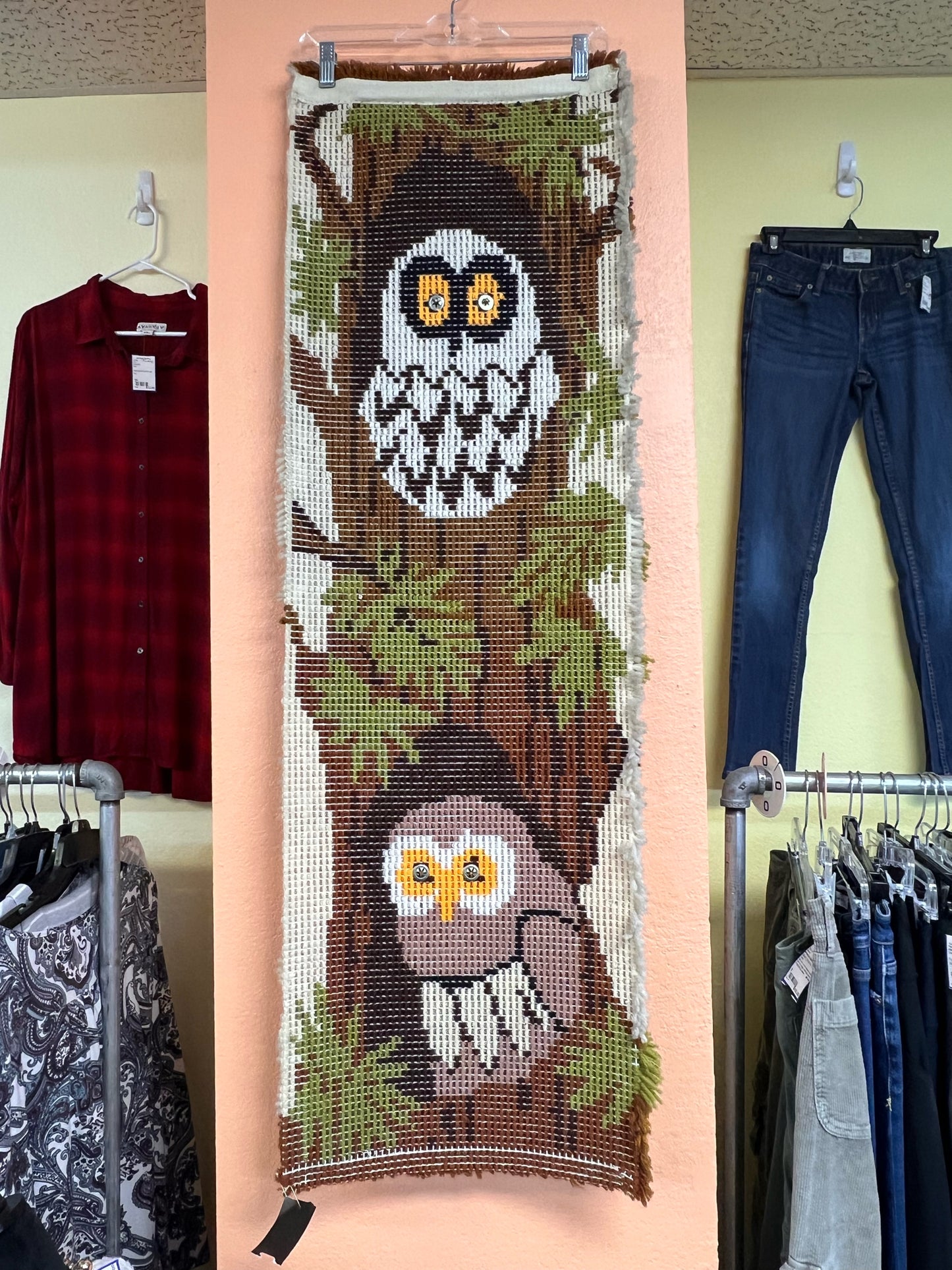 Vintage 1970's Owl Latch Hook Wall Hanging