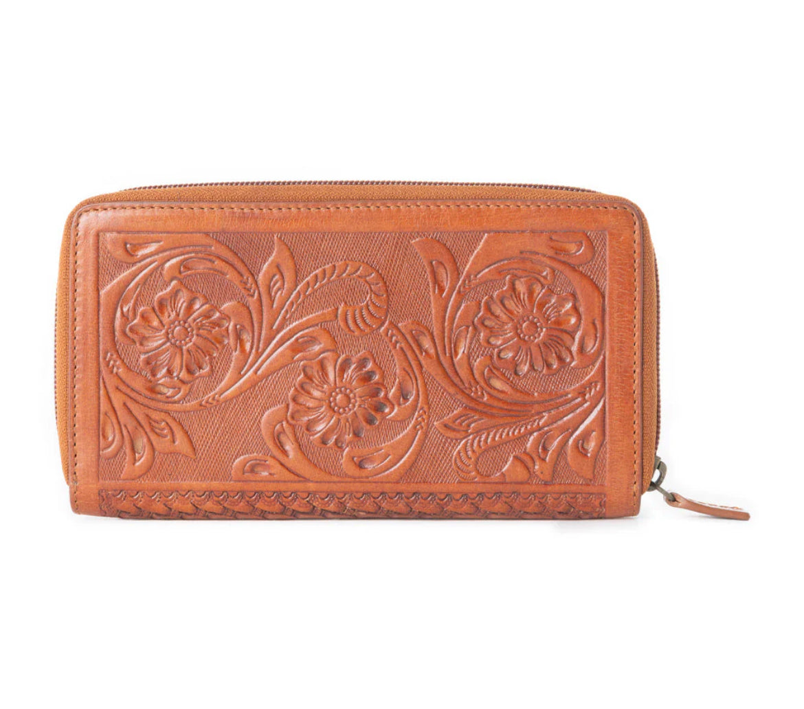 Myra Bag Rogue Hand-Tooled Leather RFID Wallet – Women’s Genuine Leather Western Wallet with Multiple Card Slots, 7.5"x4", Secure Mid-Open Design