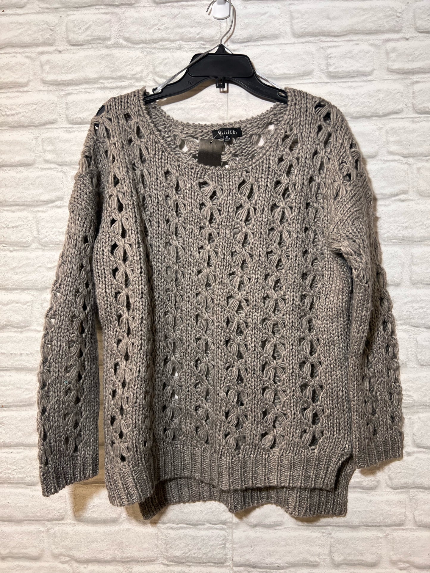 Size M Sisters Open Knit Acrylic/Wood Blend Gray Sweater