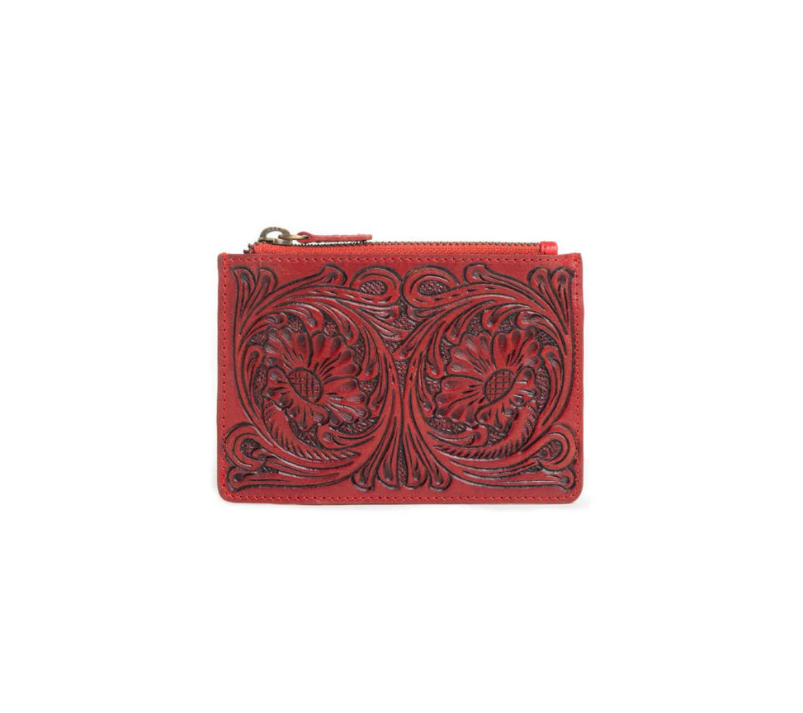 Myra Bag Bloom on the Range Credit Card Wallet in Scarlet – Women’s Embossed Floral Genuine Leather Wallet with Card Slots & Zippered Compartment, 5.5"x3.5"