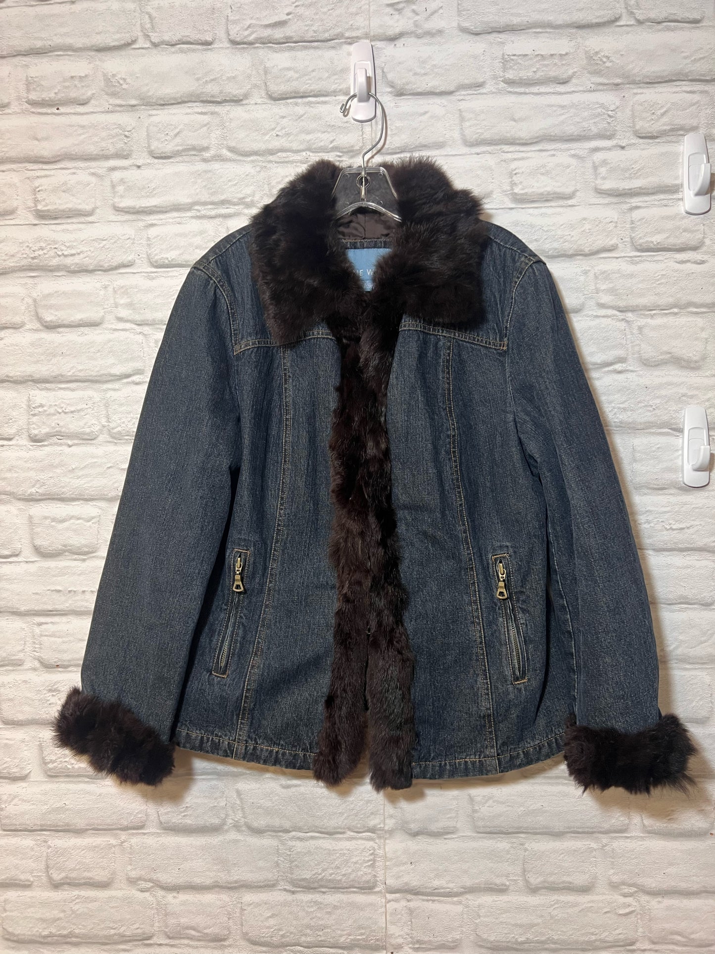 Size L Nine West Rabbit Fur Trimmed Denim Jacket w/ Quilted Lining
