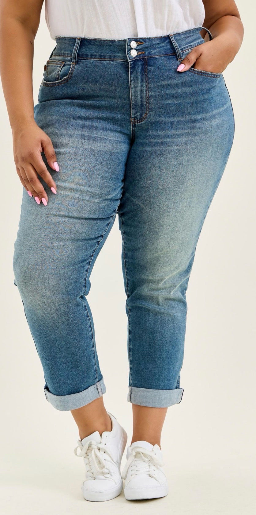 Judy Blue Mid Rise Boyfriend Jeans with Cool Denim Sorbtek Fabric & Crossback Belt Loops – Style 881089