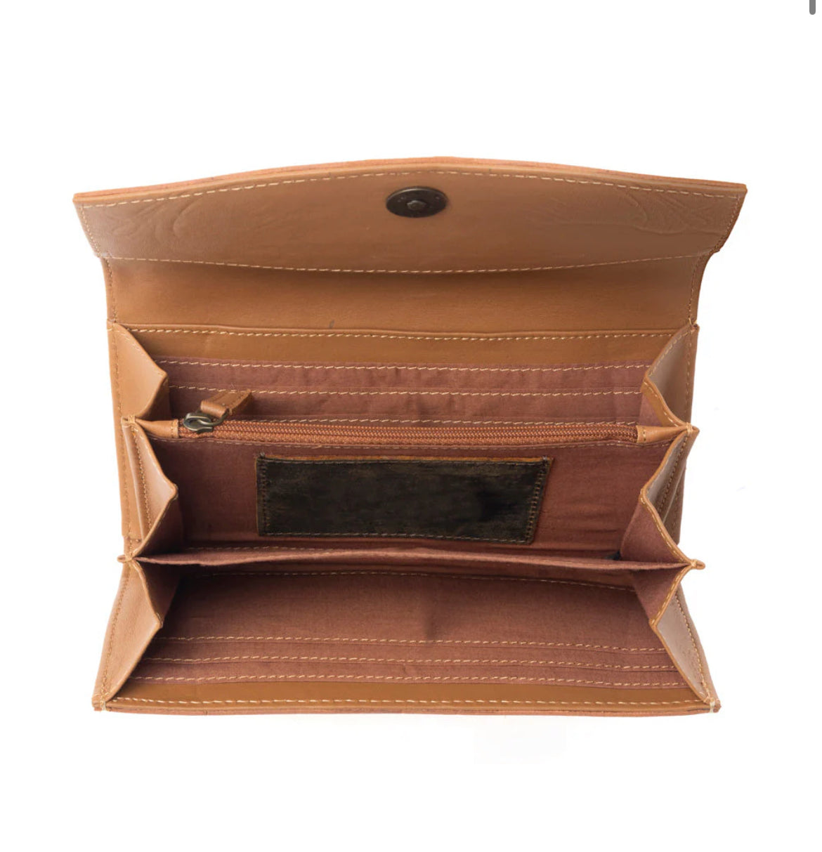 Myra Bag Brown Leather Garden Wallet – Women’s Genuine Leather Wallet with Embossed Floral Motif, 8"x4", Western Boho Clutch Style