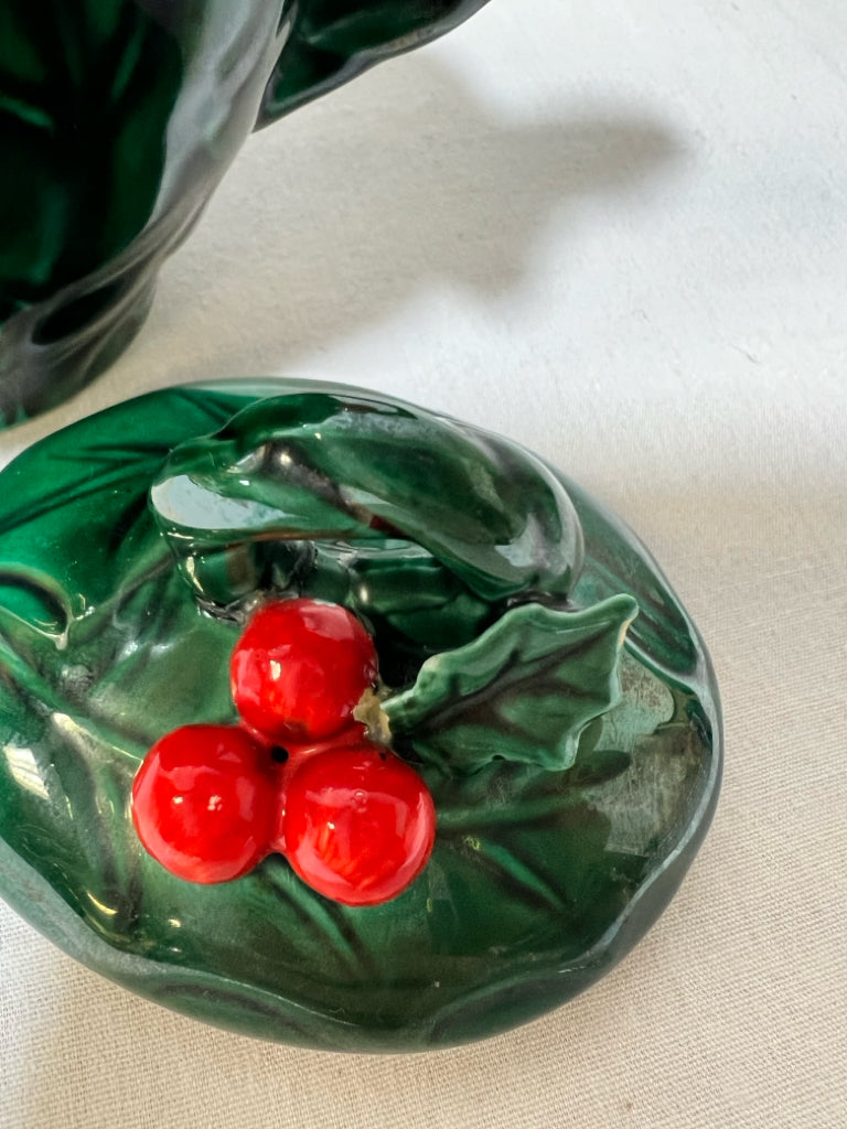 Lefton holly Christmas green sugar bowl