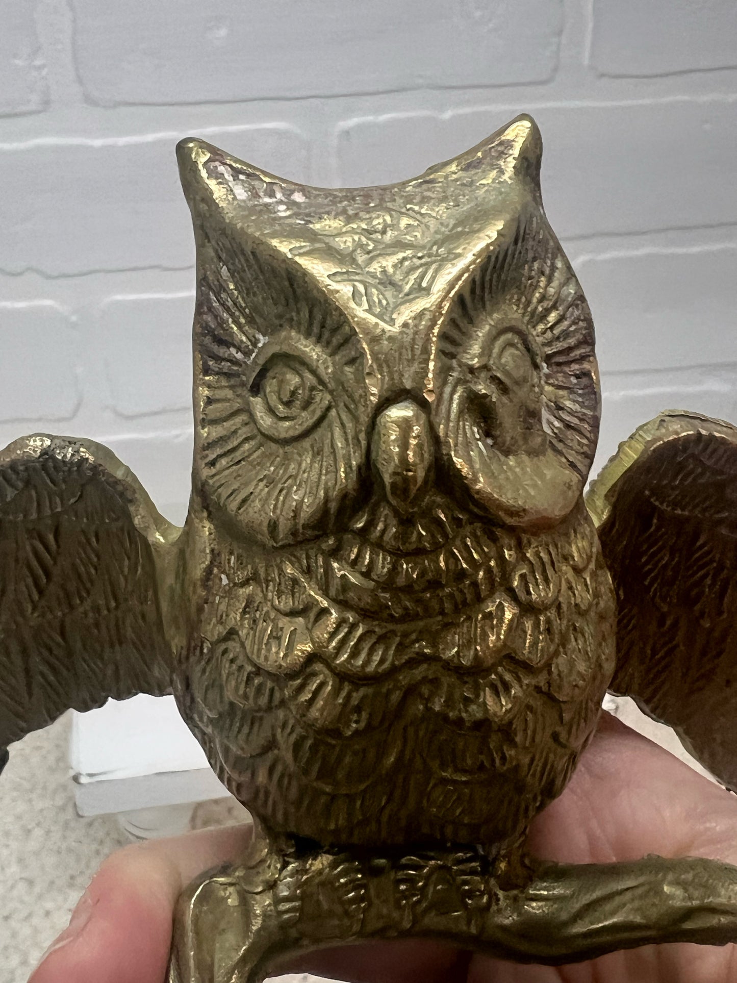 Vintage Brass Owl Perched on Branch MCM