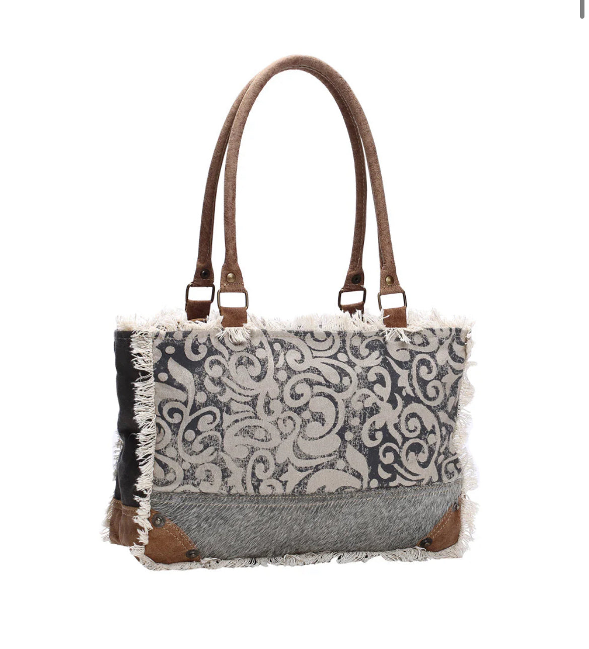 Myra Bag Leaf Print Small Tote Bag – Women’s Canvas & Leather Travel Handbag with Zipper Pocket, 13.5"x9.5", Everyday Work or School Tote