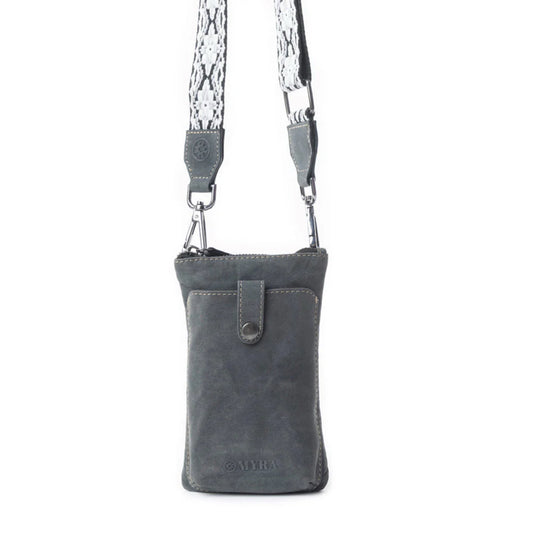 Myra Bag Saguaro Scout Leather Crossbody Bag in Black – Compact Genuine Leather Messenger with Woven Canvas Strap, 7"x4.75", Women’s Southwestern Travel Bag