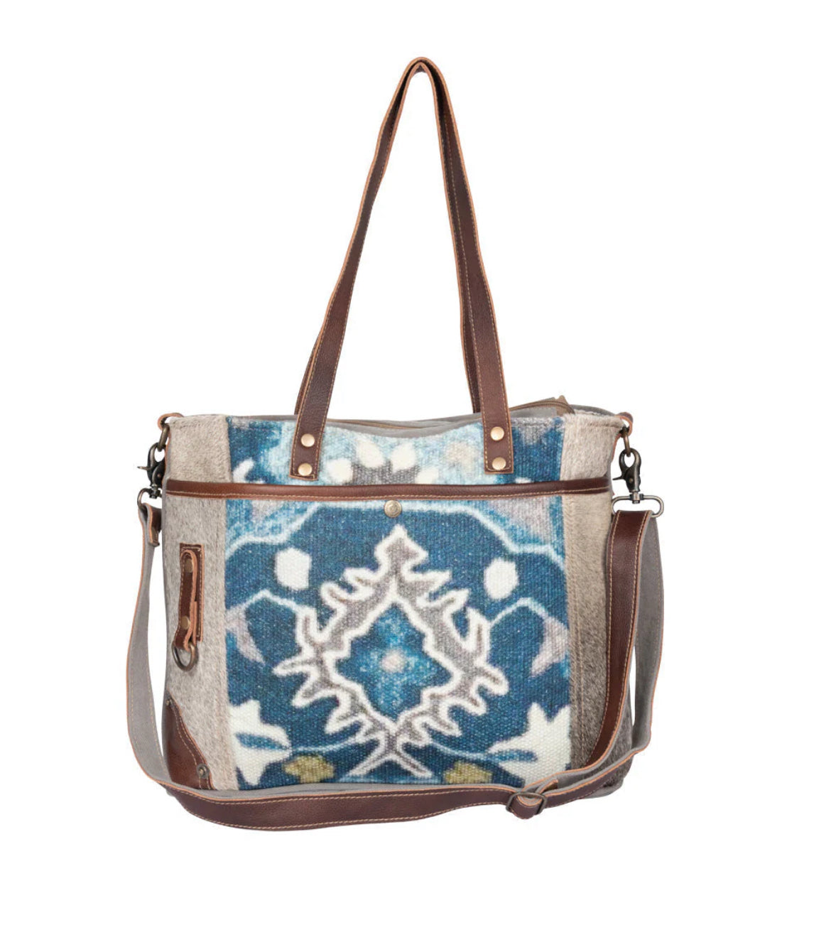 Myra Bag Iridescent Tote Bag – Large Canvas & Leather Shoulder Bag with Hairon Rug Accents, 18.5"x12.5", Women’s Boho Travel Tote