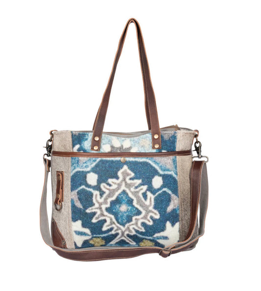 Myra Bag Iridescent Tote Bag – Large Canvas & Leather Shoulder Bag with Hairon Rug Accents, 18.5"x12.5", Women’s Boho Travel Tote