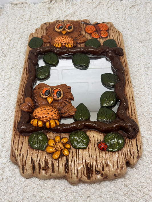 Vintage Ceramic Owl  Mirror 1970's 1980's EUC
