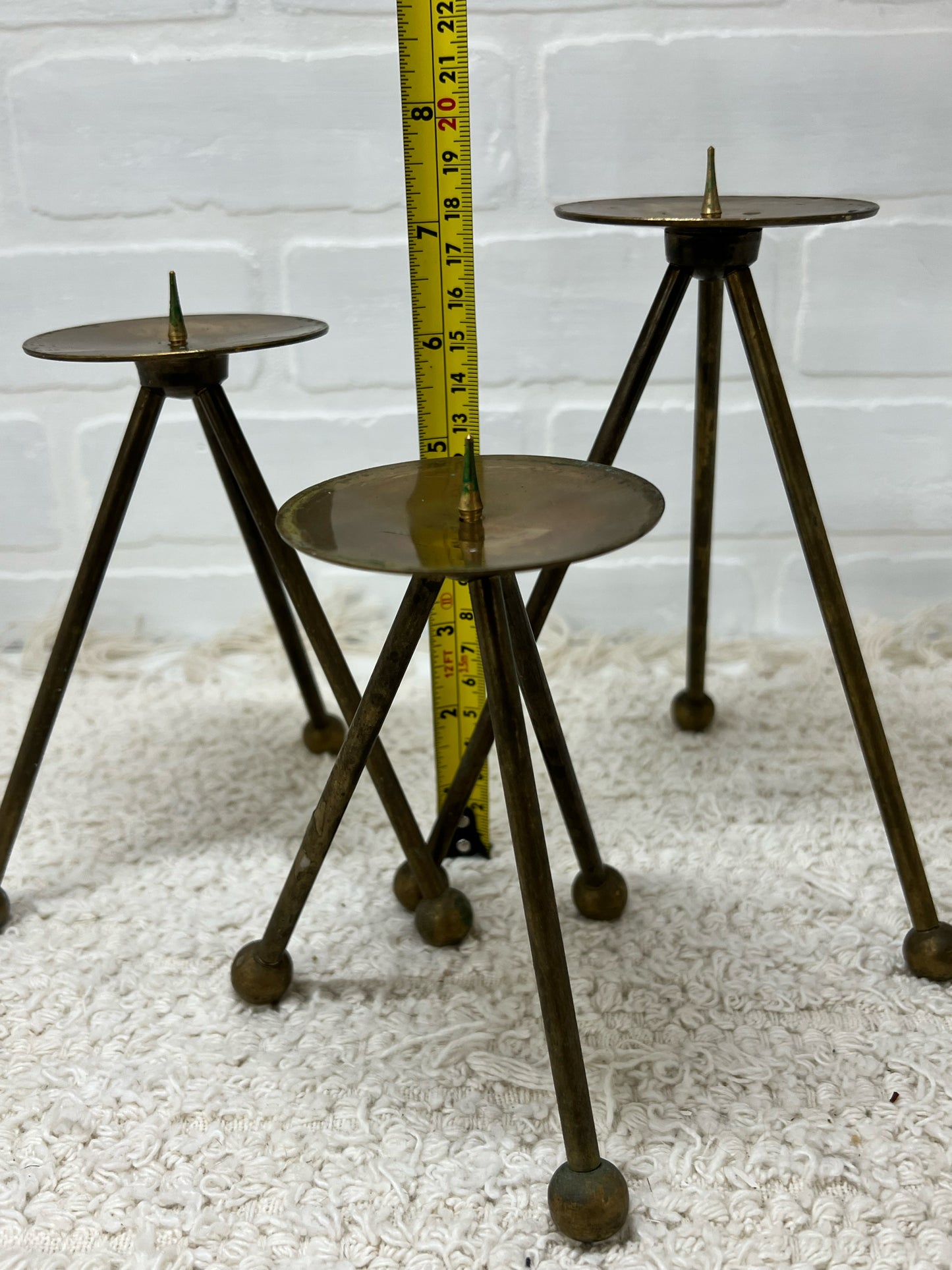 Trio of brass atomic candle holders MCM