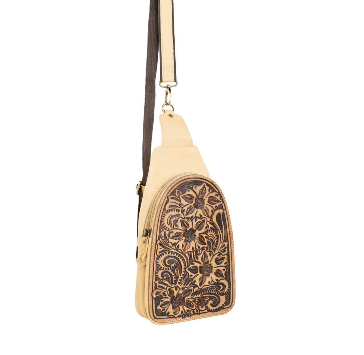 Myra Glorietta Sling Bag – Light Camel Leather with Hand-Tooled Panel, Adjustable Canvas Strap, Crossbody Sling