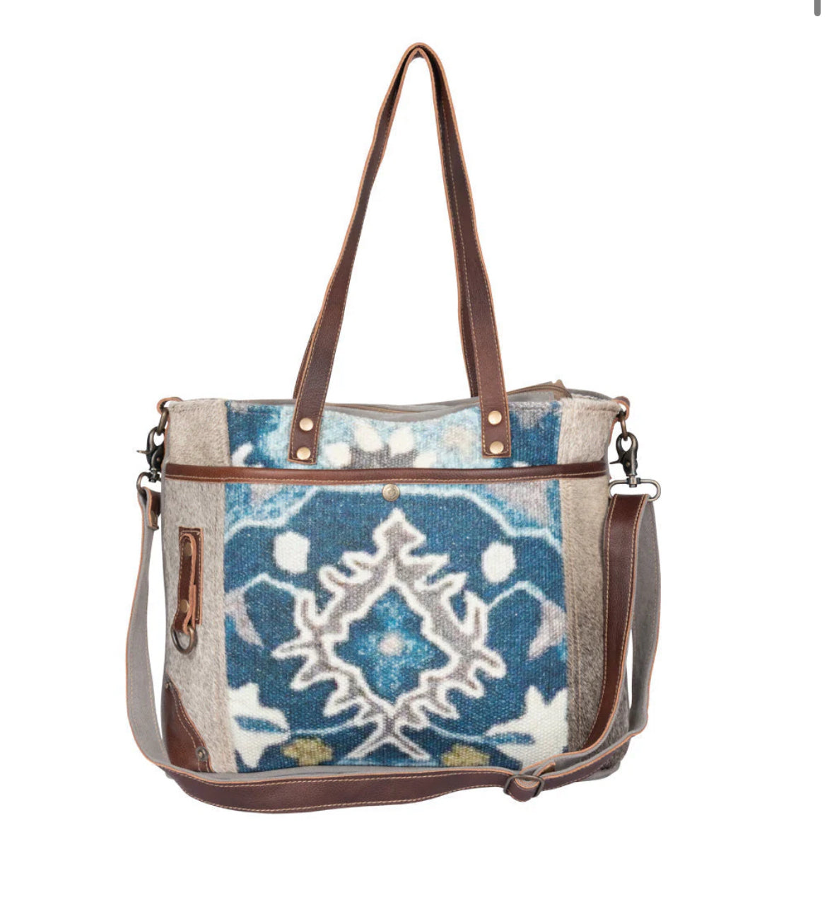 Myra Bag Iridescent Tote Bag – Large Canvas & Leather Shoulder Bag with Hairon Rug Accents, 18.5"x12.5", Women’s Boho Travel Tote