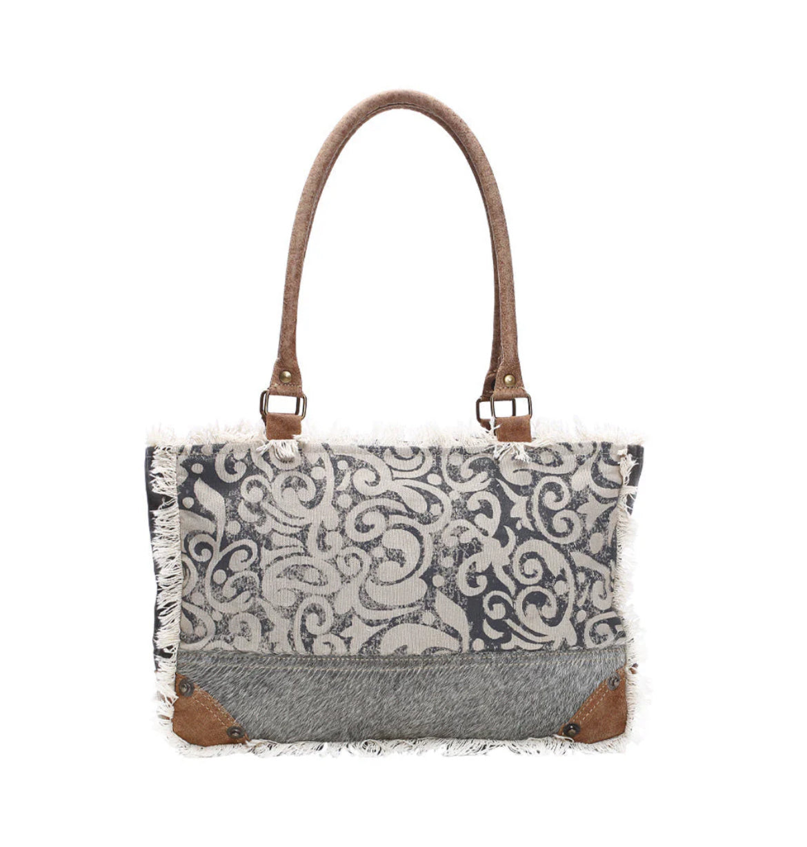 Myra Bag Leaf Print Small Tote Bag – Women’s Canvas & Leather Travel Handbag with Zipper Pocket, 13.5"x9.5", Everyday Work or School Tote