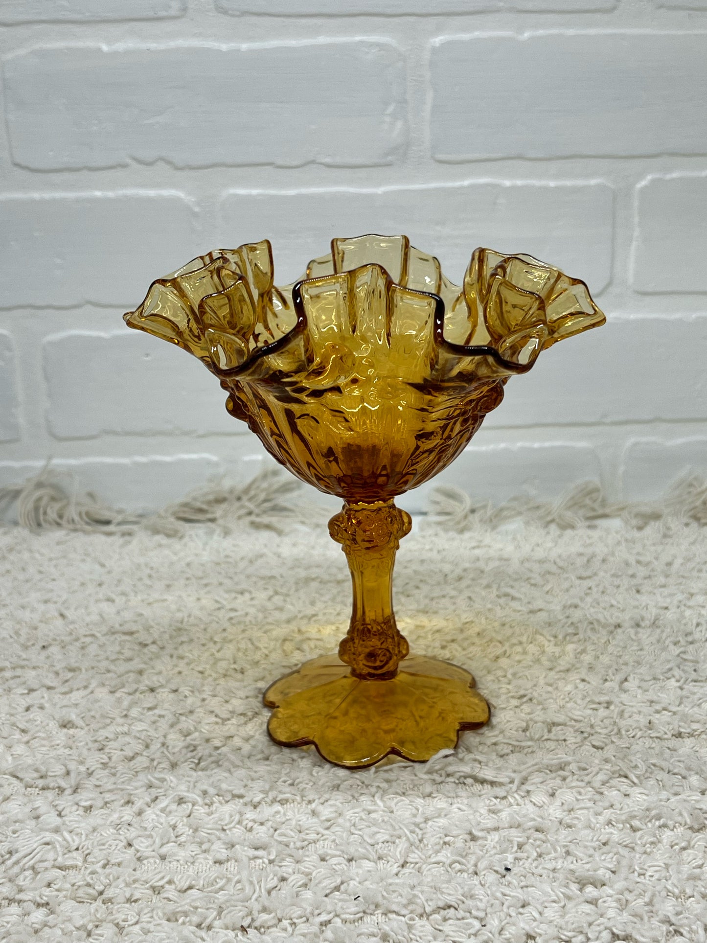 Fenton Compote Dish - Frilly Amber Glass
