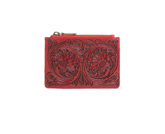 Myra Bag Bloom on the Range Credit Card Wallet in Scarlet – Women’s Embossed Floral Genuine Leather Wallet with Card Slots & Zippered Compartment, 5.5"x3.5"