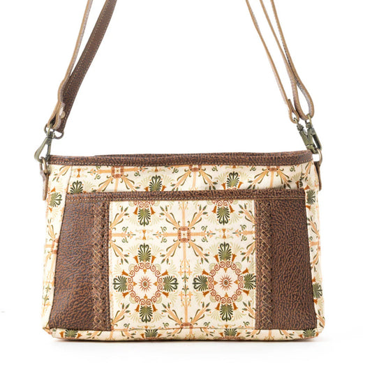 Myra Bag Wildflower Scroll Crossbody Bag in Heritage Beige – Women’s Floral Canvas & Leather Western Purse with Adjustable Strap, 11"x8", Rustic Boho Handbag