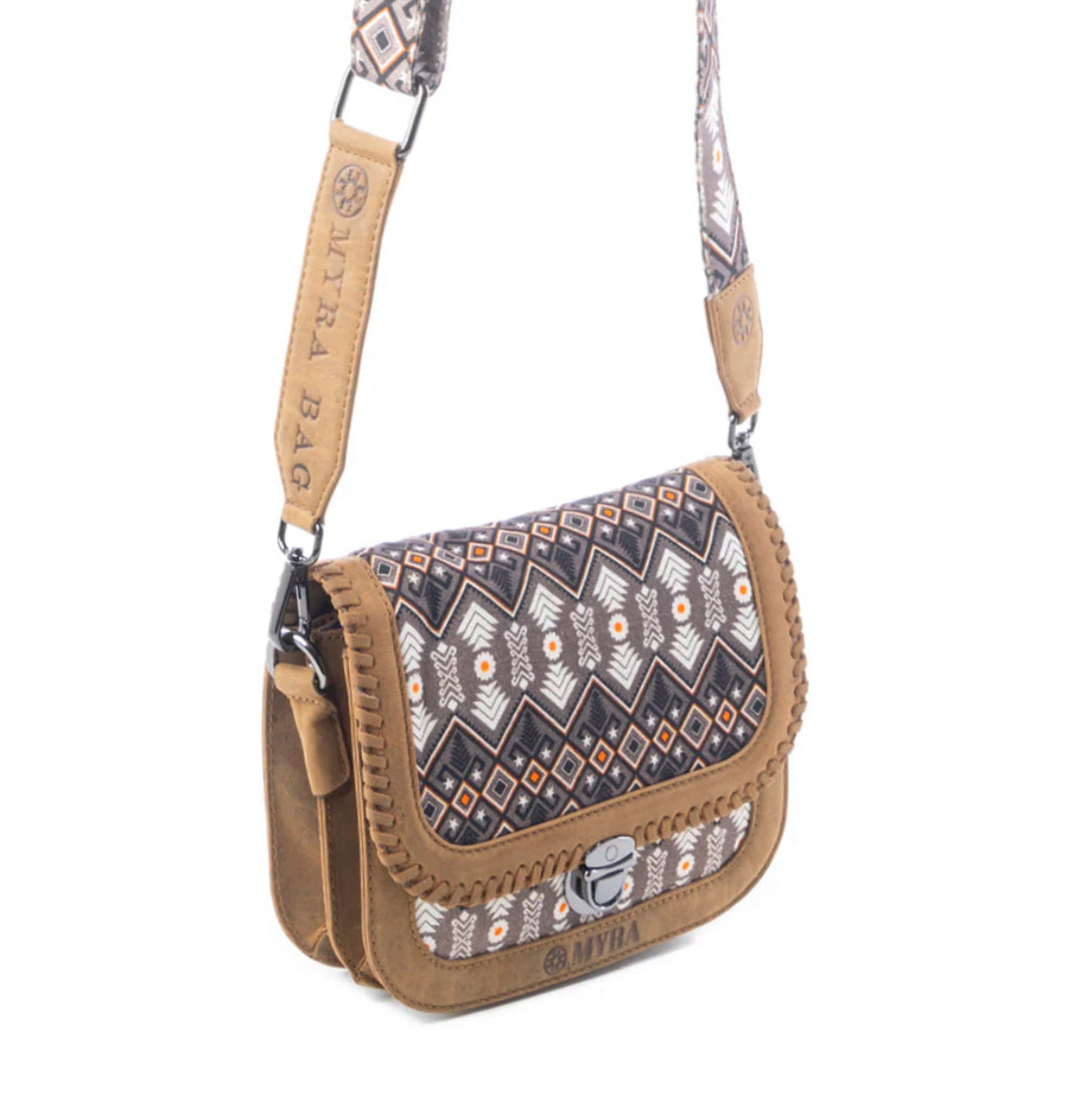 Myra Bag Nuevas Mosaic Crossbody Bag in Desert Brown – Women’s Leather & Canvas Boho Purse with Fringe Trim, Turn-Lock Closure, 8.5"x7" Adjustable Strap