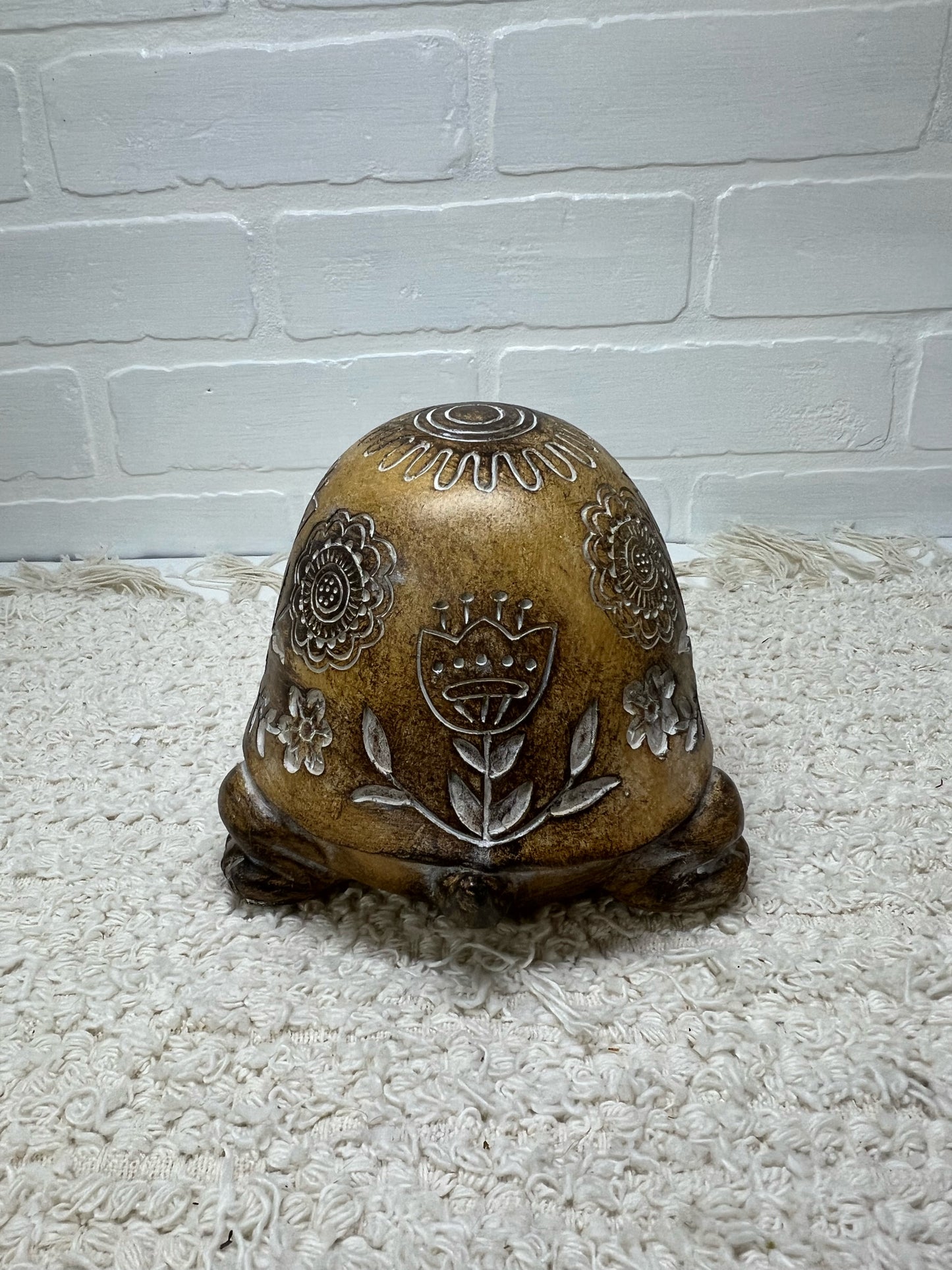 Faux wood resin floral turtle
