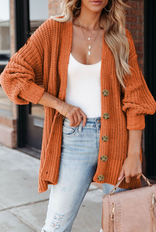 Gold Flame Button Front V-Neck Cardigan