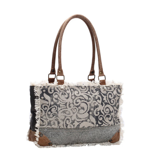 Myra Bag Leaf Print Small Tote Bag – Women’s Canvas & Leather Travel Handbag with Zipper Pocket, 13.5"x9.5", Everyday Work or School Tote