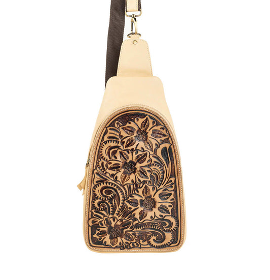 Myra Glorietta Sling Bag – Light Camel Leather with Hand-Tooled Panel, Adjustable Canvas Strap, Crossbody Sling