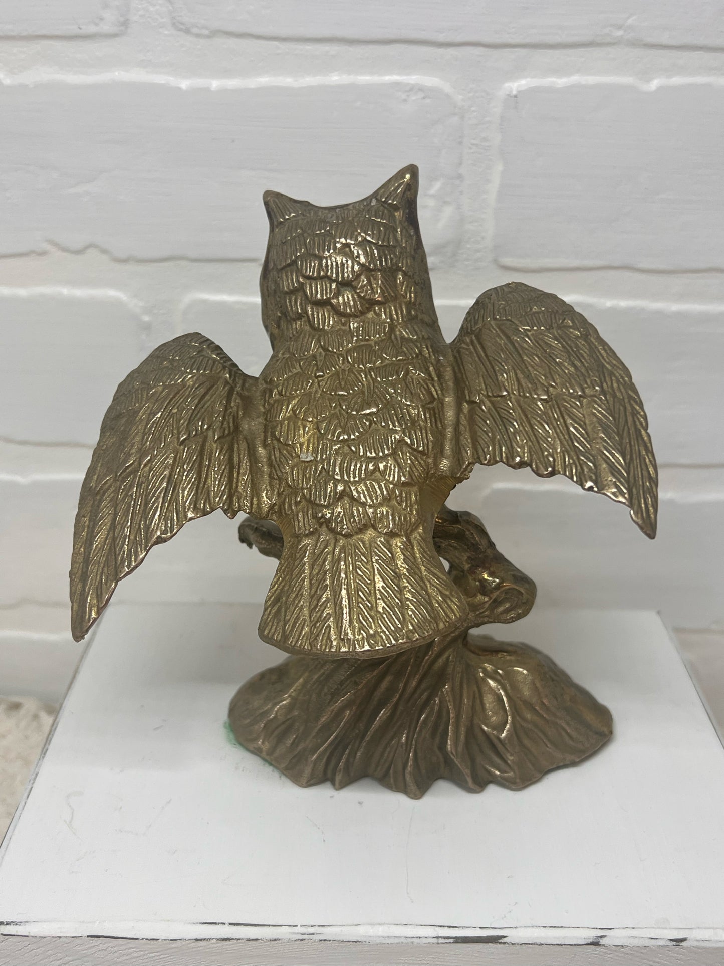 Vintage Brass Owl Perched on Branch MCM