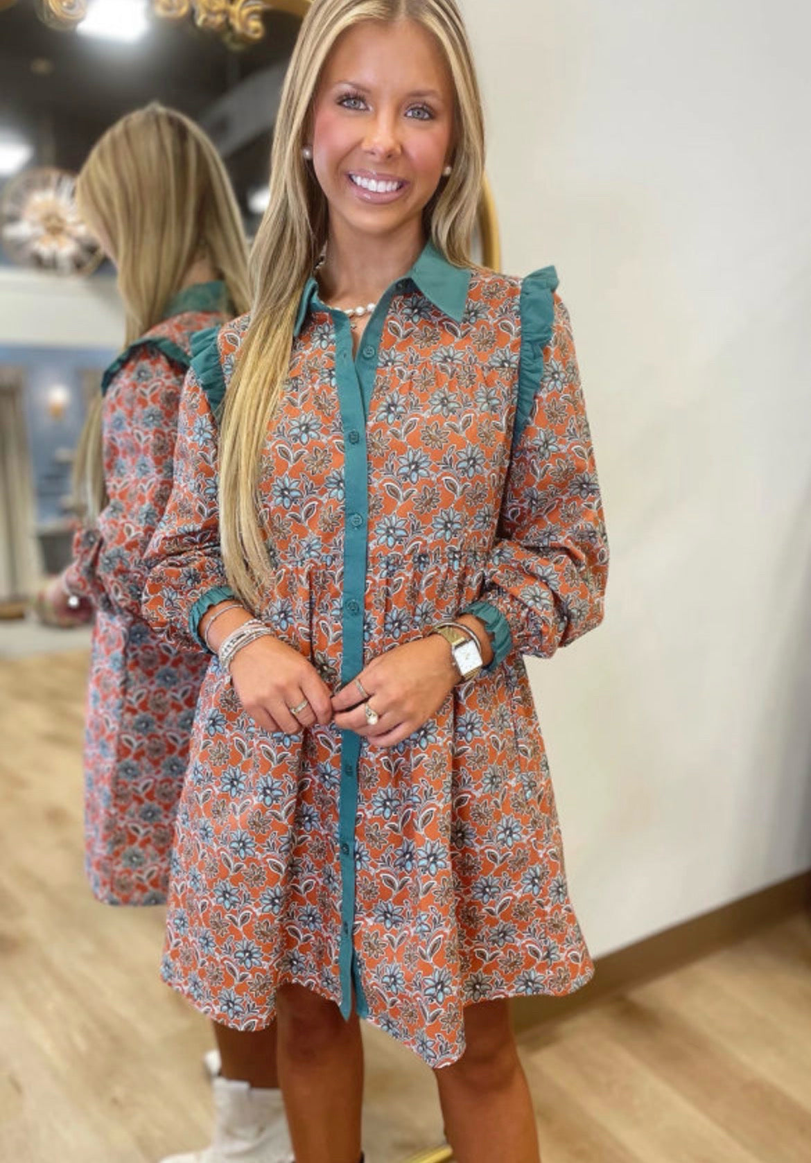 Orange Floral Contrast Collared Shirt Mini Dress