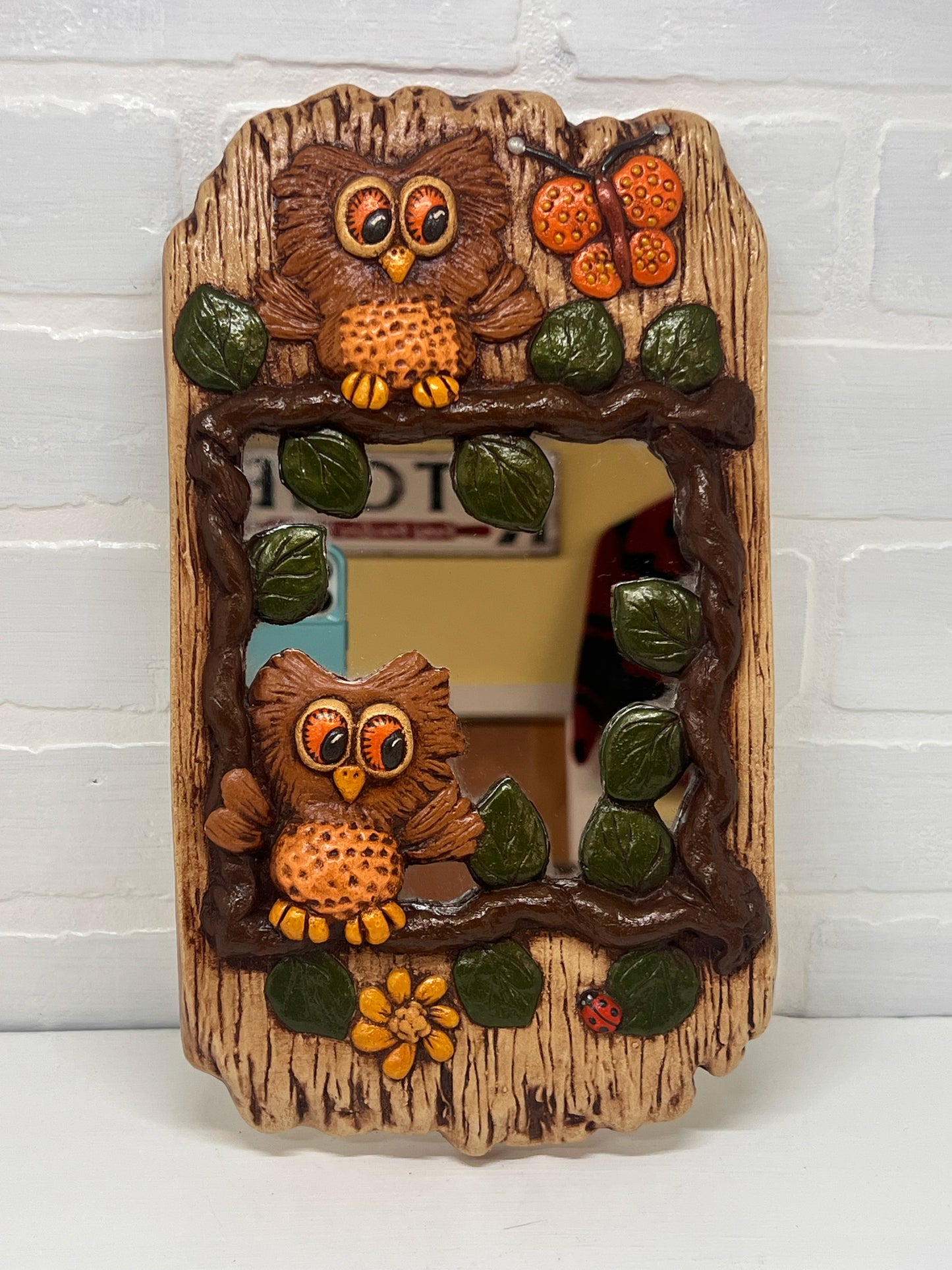 Vintage Ceramic Owl  Mirror 1970's 1980's EUC
