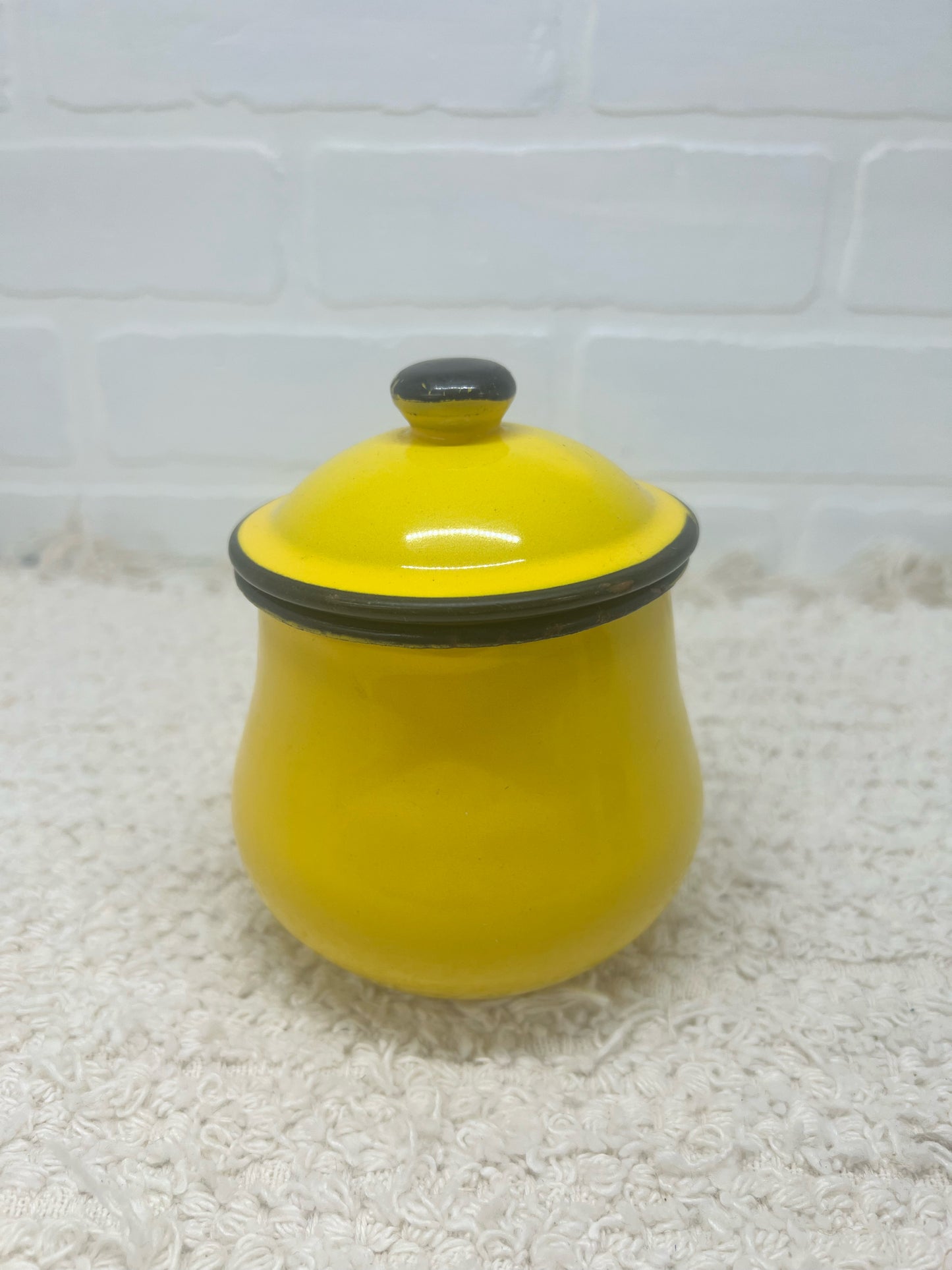 Vintage yellow enamelware lidded pot