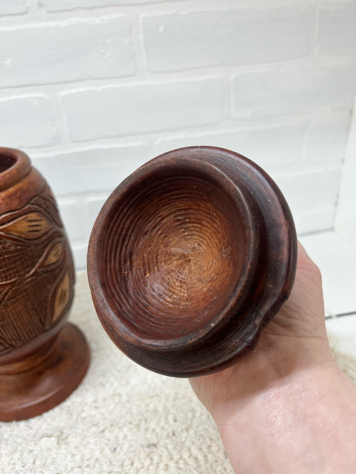 Vintage turned wood hand carved lidded urn