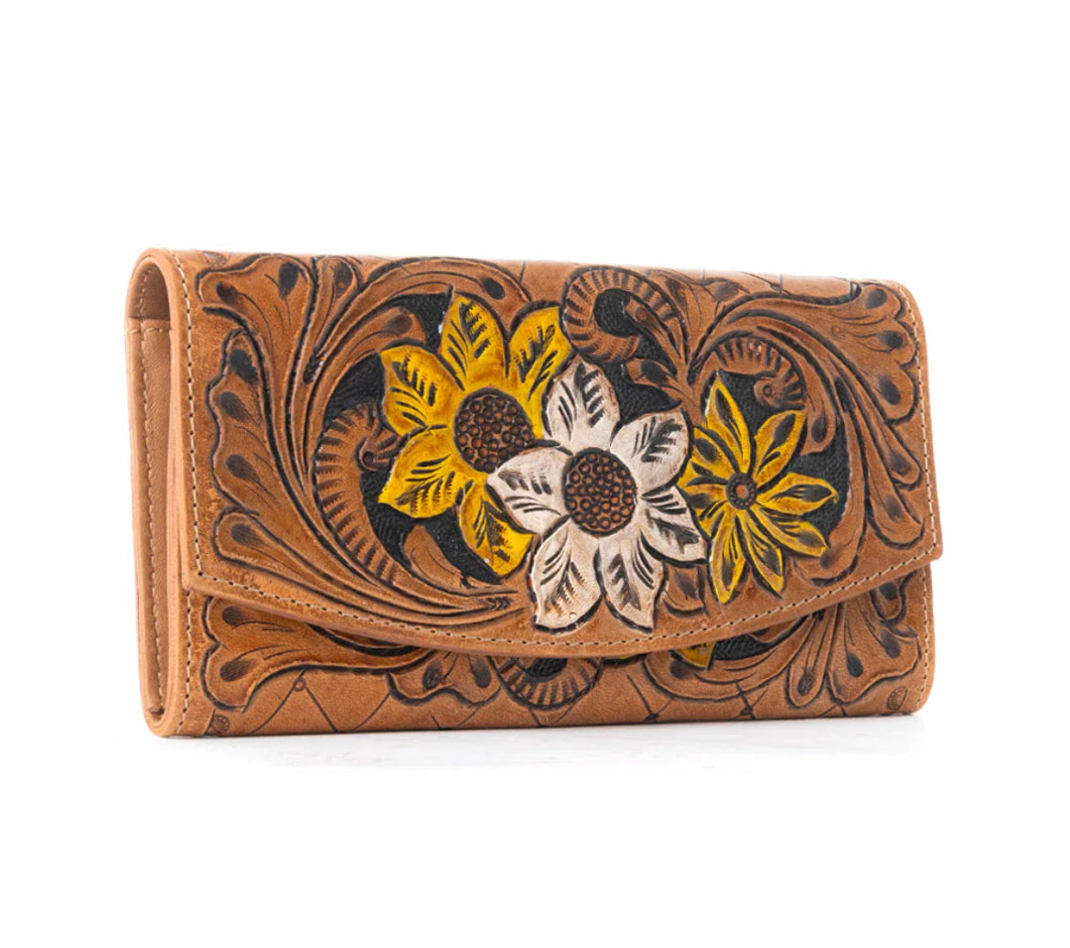 Myra Bag Brown Leather Garden Wallet – Women’s Genuine Leather Wallet with Embossed Floral Motif, 8"x4", Western Boho Clutch Style