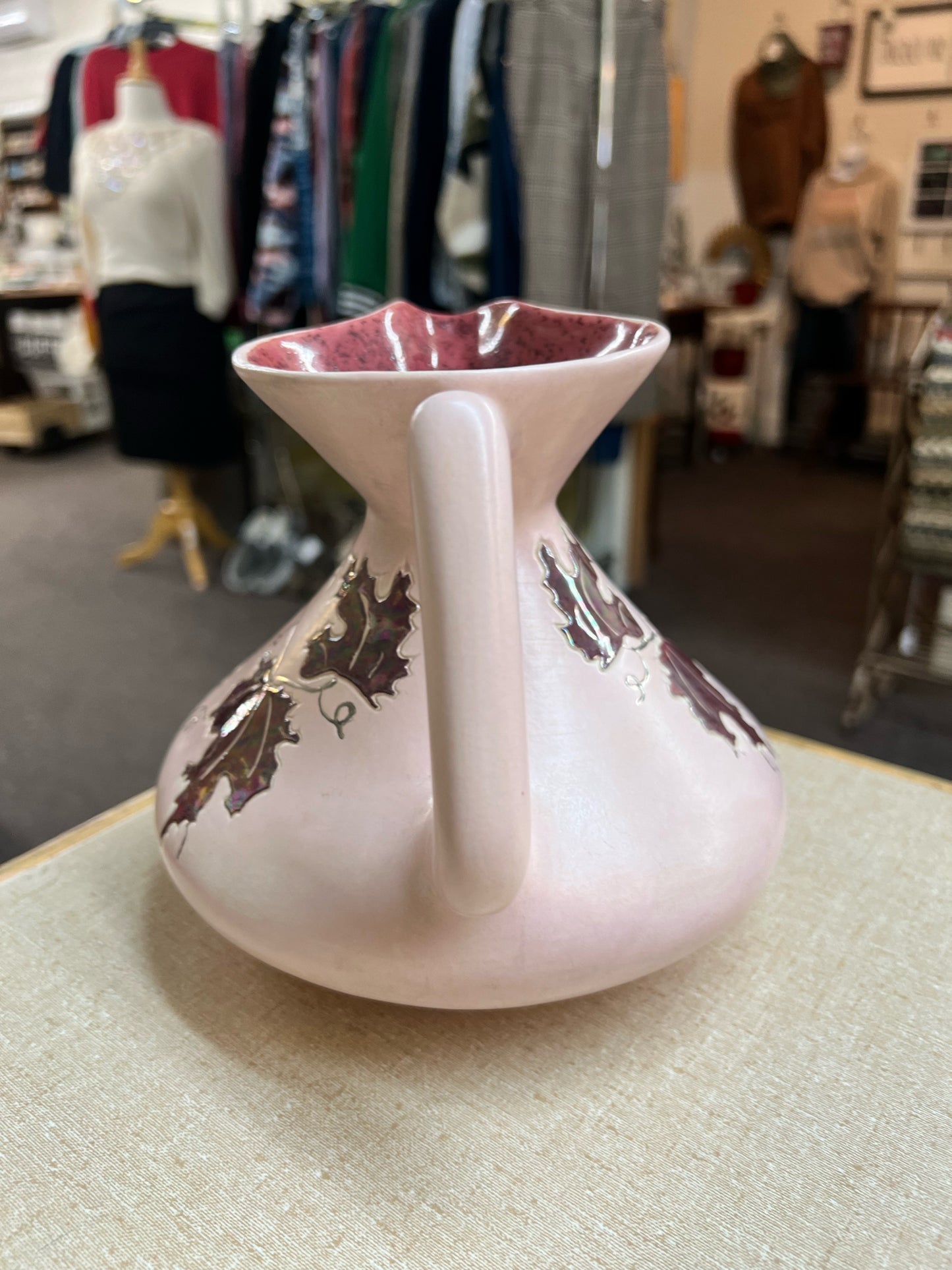 Vintage pink MCM style pitcher w/ leaf design