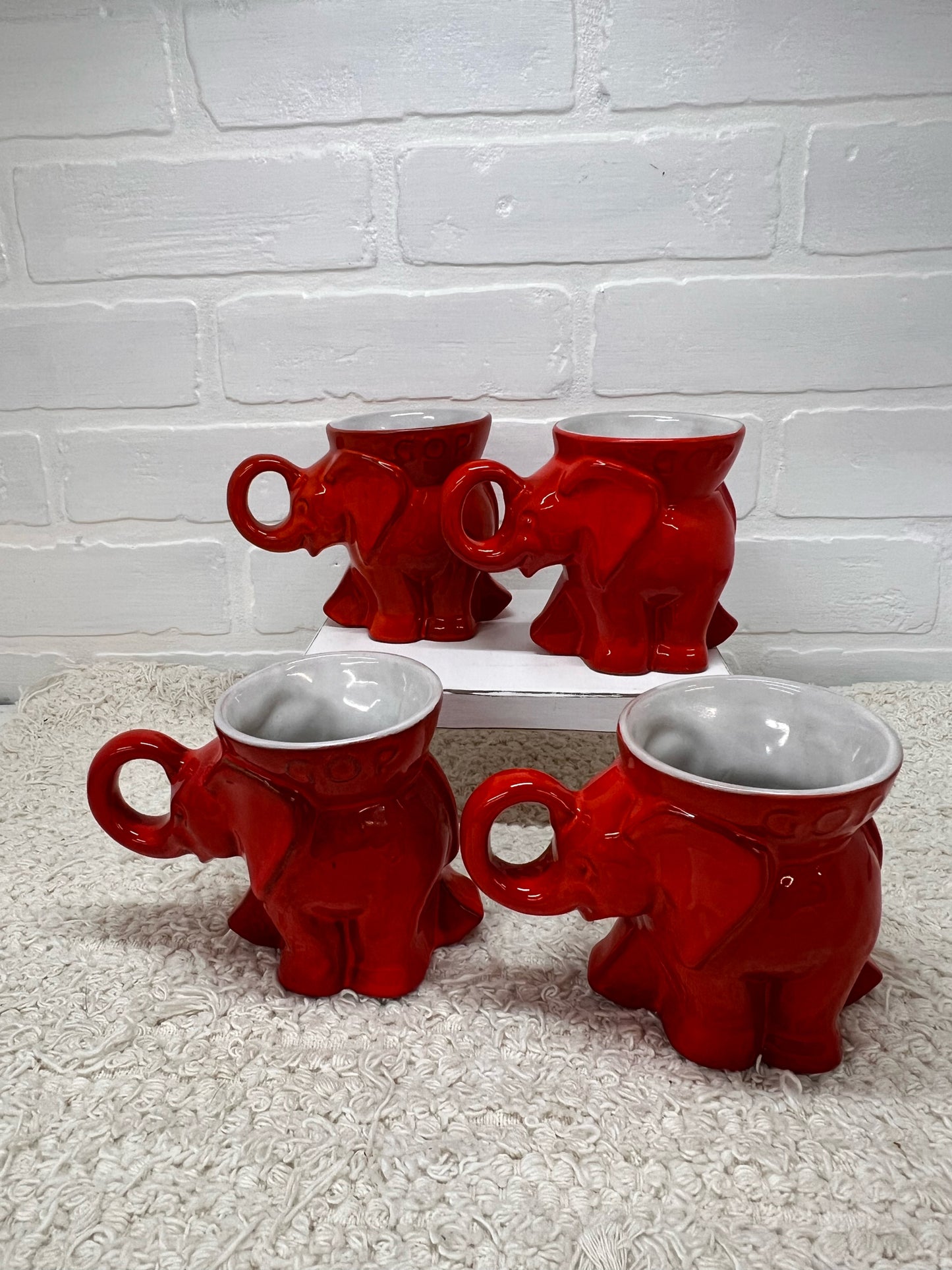 Frankoma Mug Set - 4 Flame Red 1969 GOP Elephant Mugs - New in Box