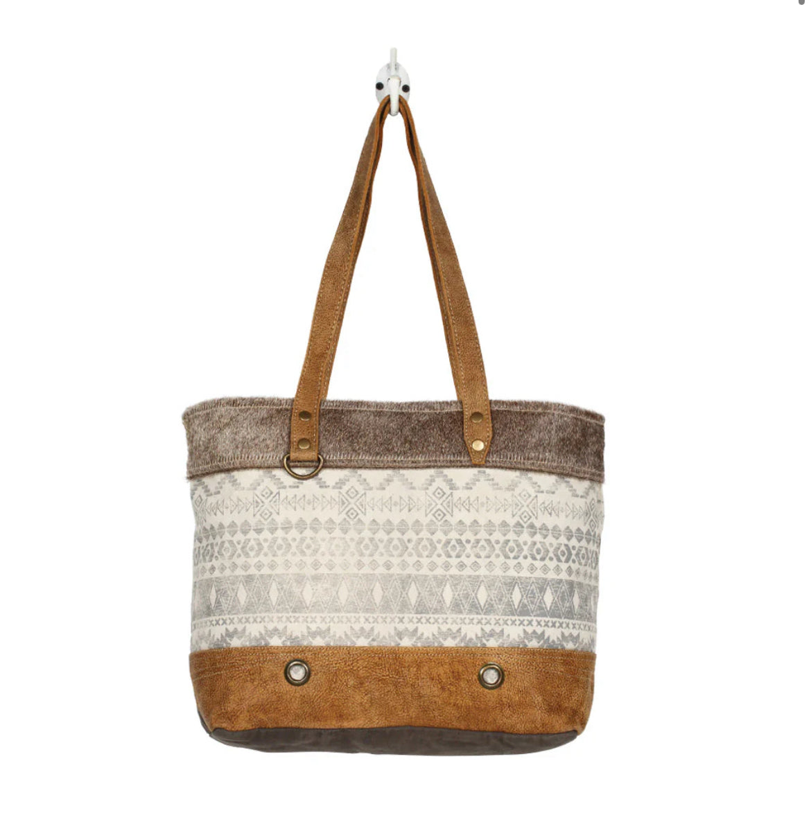 Myra Bag Oromos Canvas Tote Bag – Large Tribal Print Canvas & Leather Shoulder Bag with Hairon Detail, 18"x13", Women’s Boho Tote