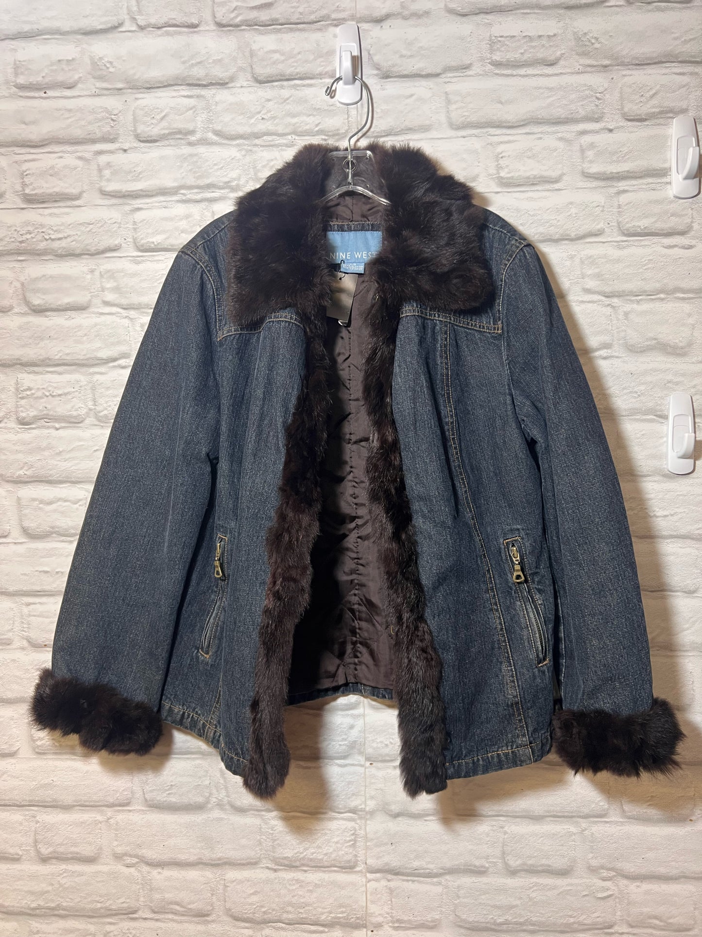 Size L Nine West Rabbit Fur Trimmed Denim Jacket w/ Quilted Lining