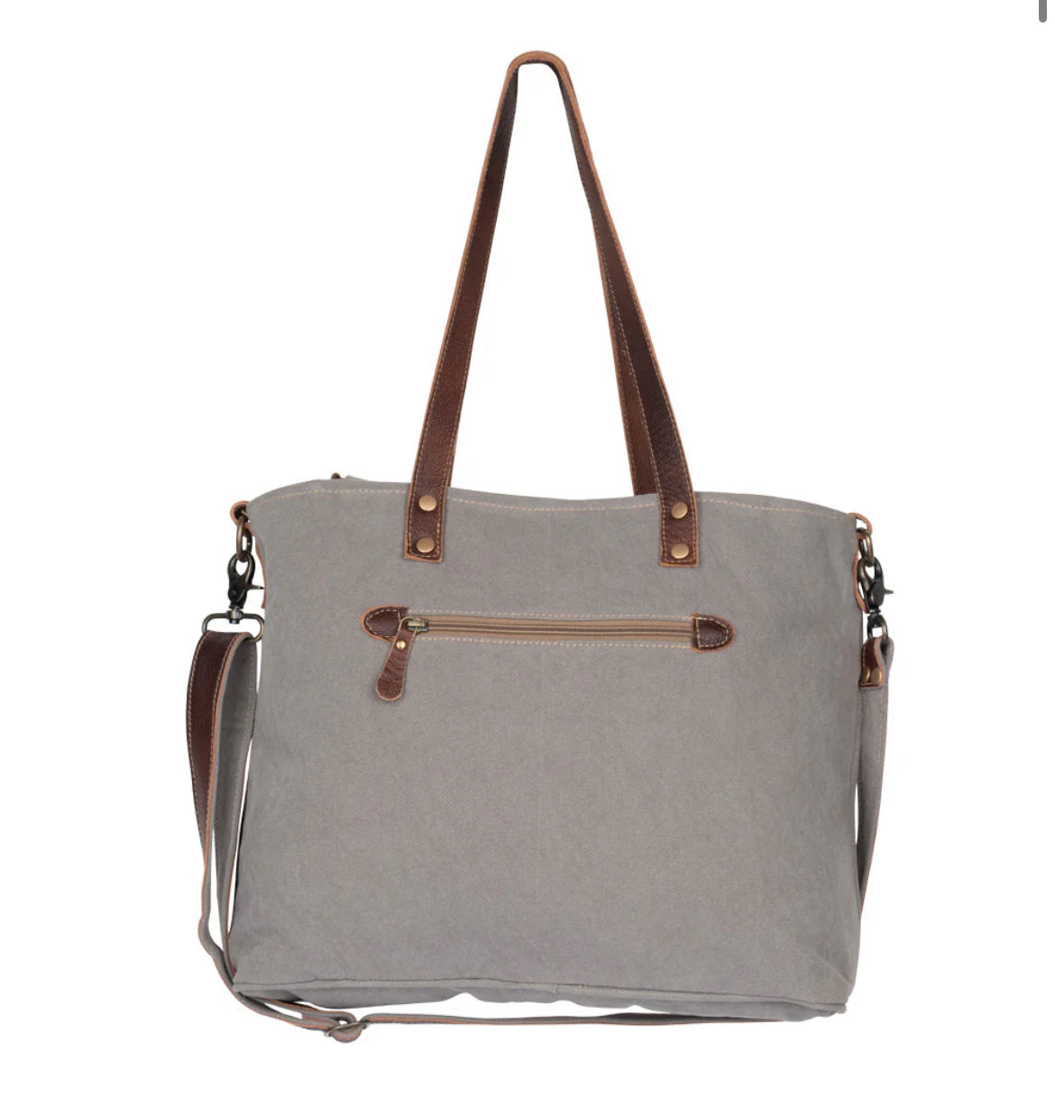 Myra Bag Iridescent Tote Bag – Large Canvas & Leather Shoulder Bag with Hairon Rug Accents, 18.5"x12.5", Women’s Boho Travel Tote
