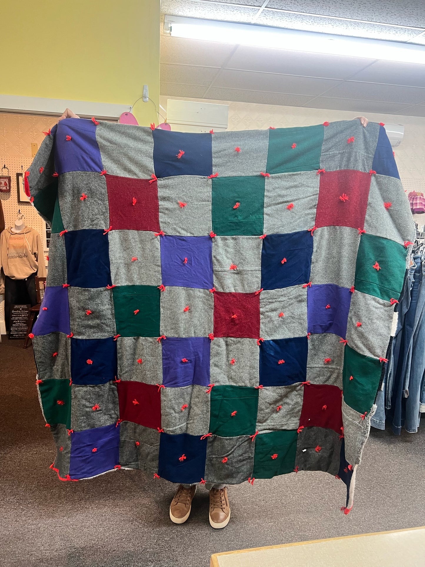 Vintage yarn tied patchwork quilt/throw