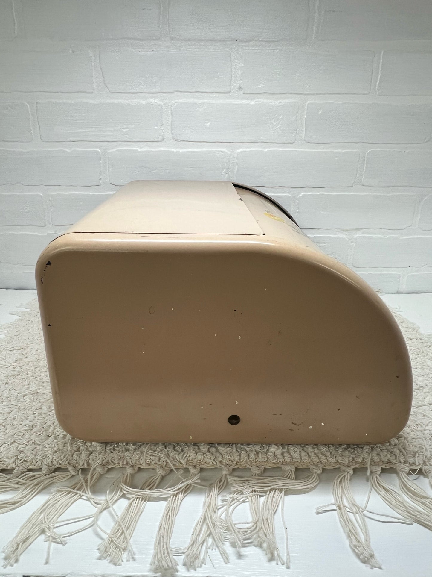 Ransburg light pink hand painted MCM bread box