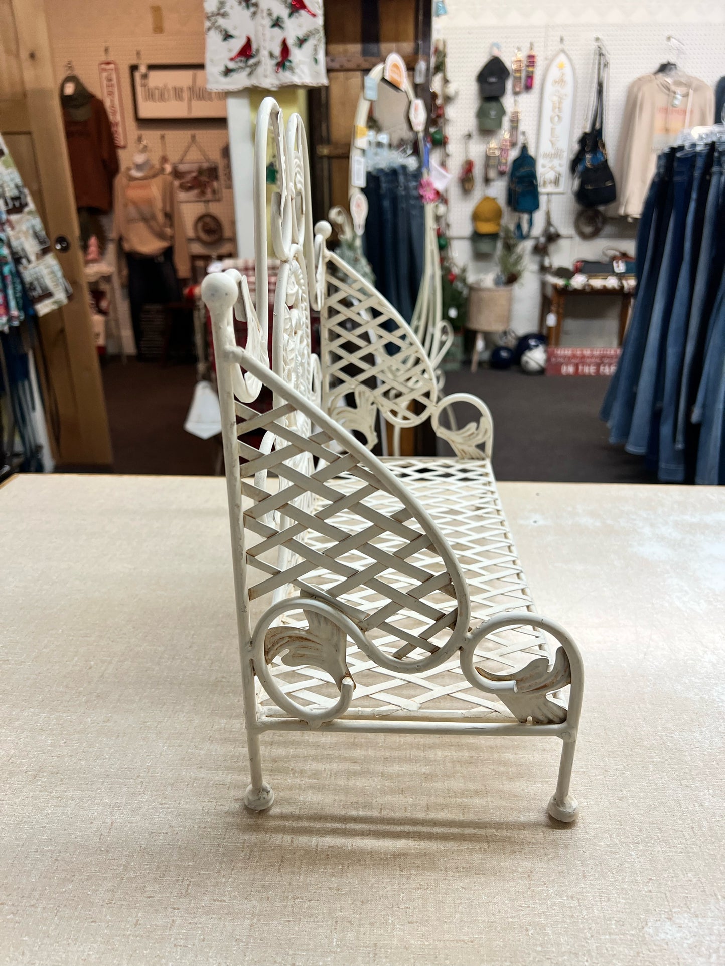 Vintage white metal rack/mini bench/shelf