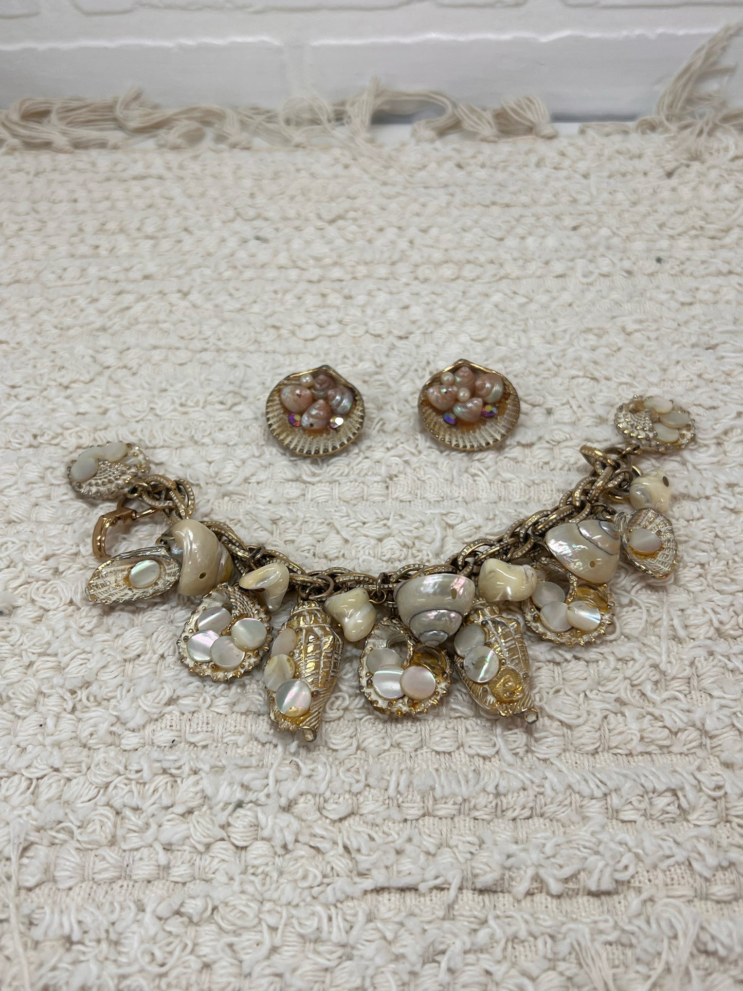Vintage shell charm bracelet w/ earrings