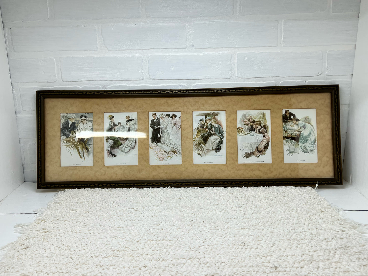 Framed vintage 'Six Stages of Love' postcard series