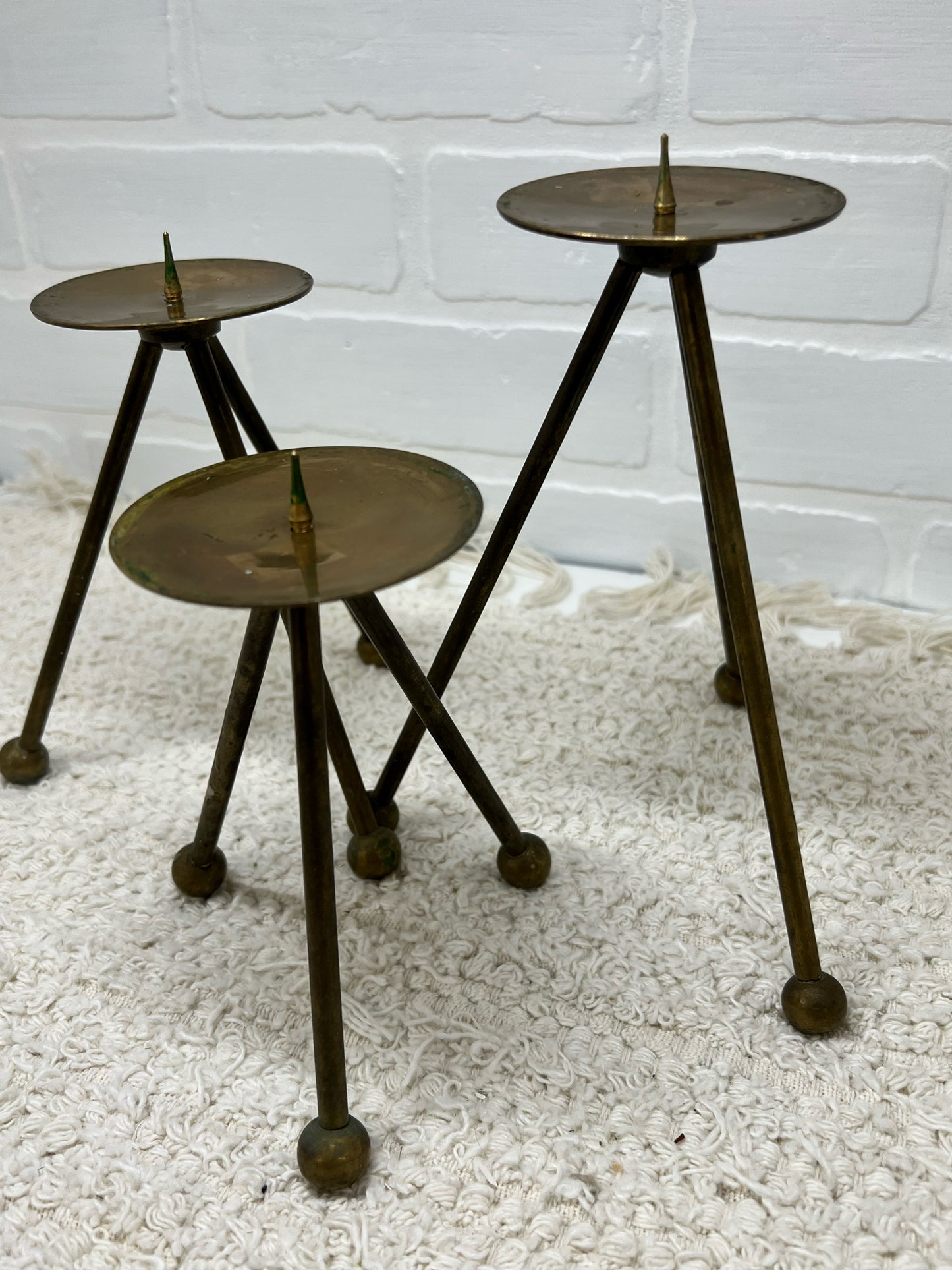 Trio of brass atomic candle holders MCM